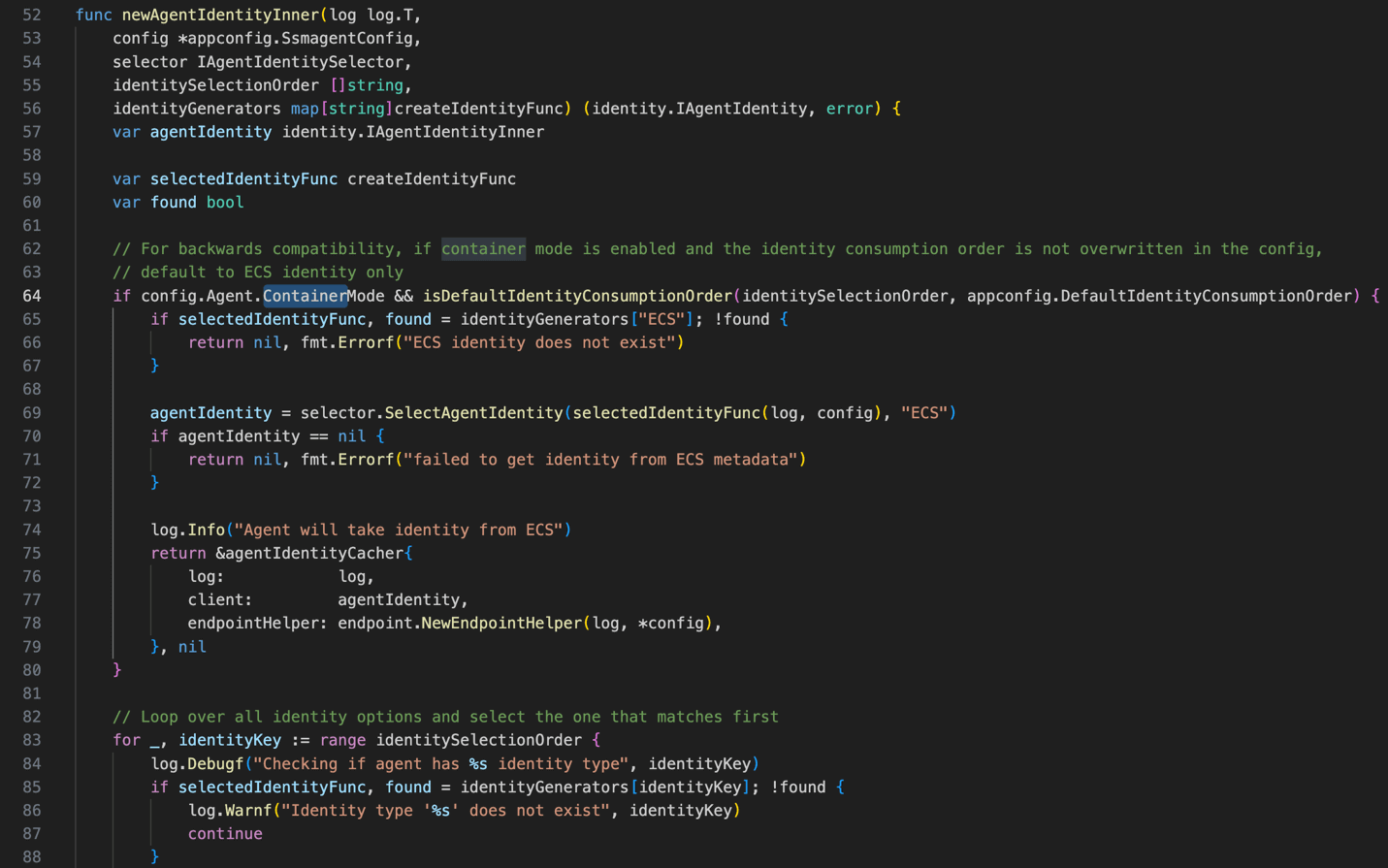 Snipped code in identity_selector.go file from amazon-ssm-agent repository.